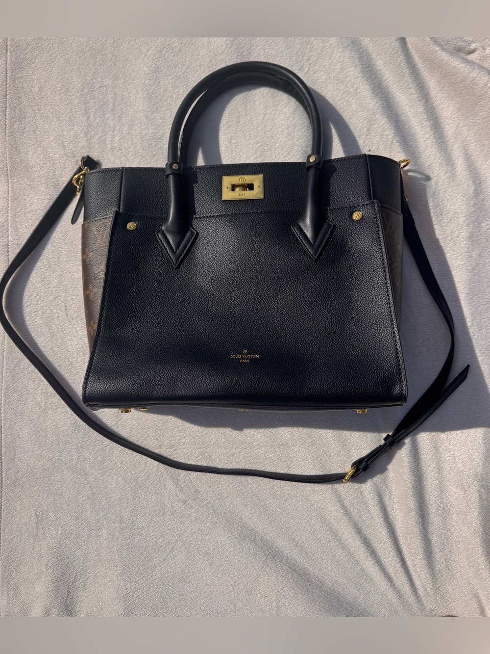 Louis Vuitton Black Leather Satchel with Monogram Side Panels and Gold Hardware